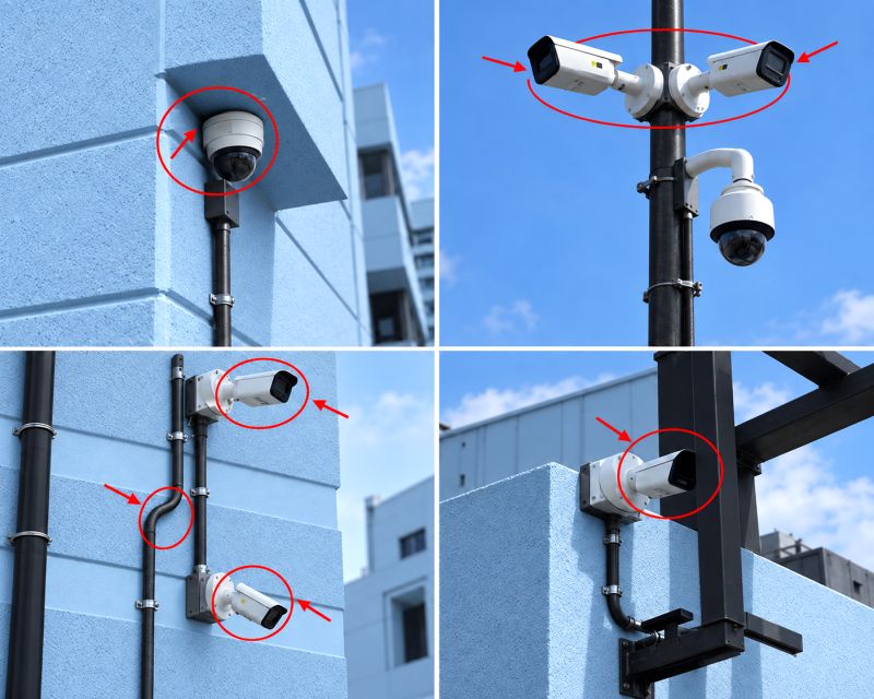 Collage of CCTV installation mistakes: obstructed views, poor angles and weak conduit routing